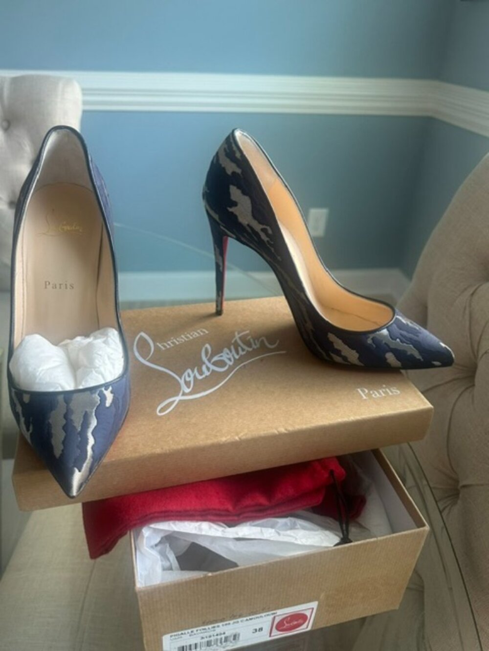 CHRISTIAN LOUBOUTIN Pigalle Follies 100 Camouloubi Pumps | Size 38 | Blue/Silver